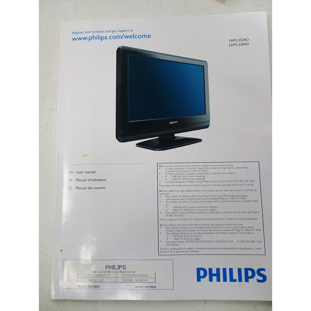 Philips 19PFL3504D 22PFL3504D LCD TV User Manual English French Spanish Guide